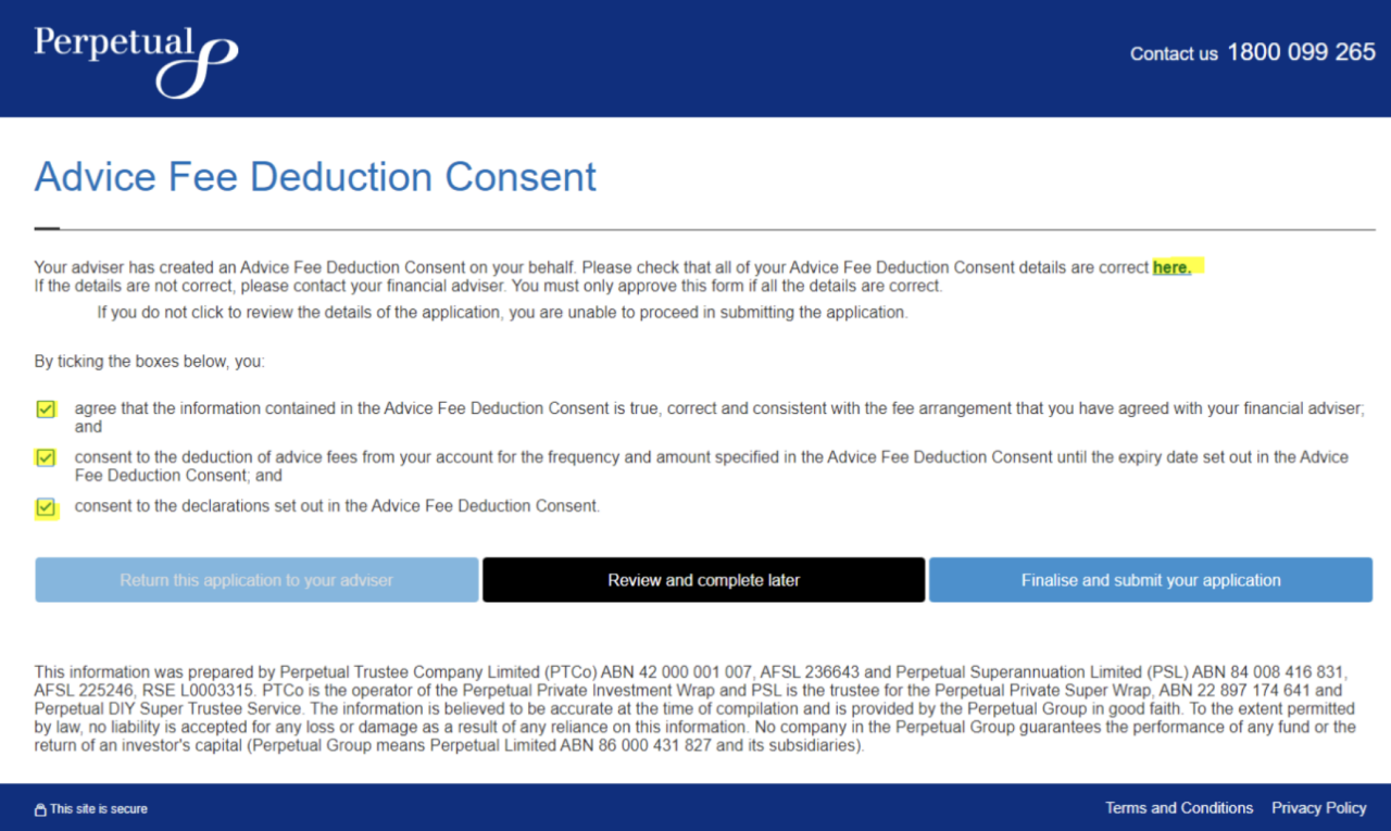 Image of Advice Fee Deduction Consent attestation screen